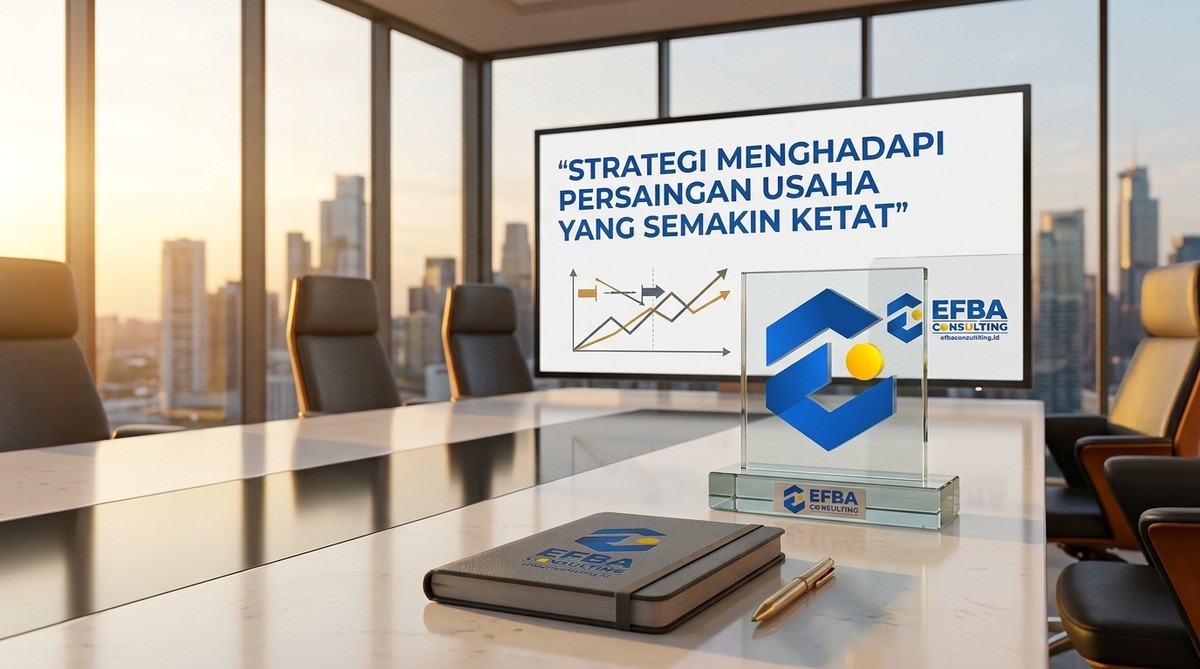 Ilustrasi piala dan pion catur di atas meja kantor untuk analisis kompetitor bisnis
